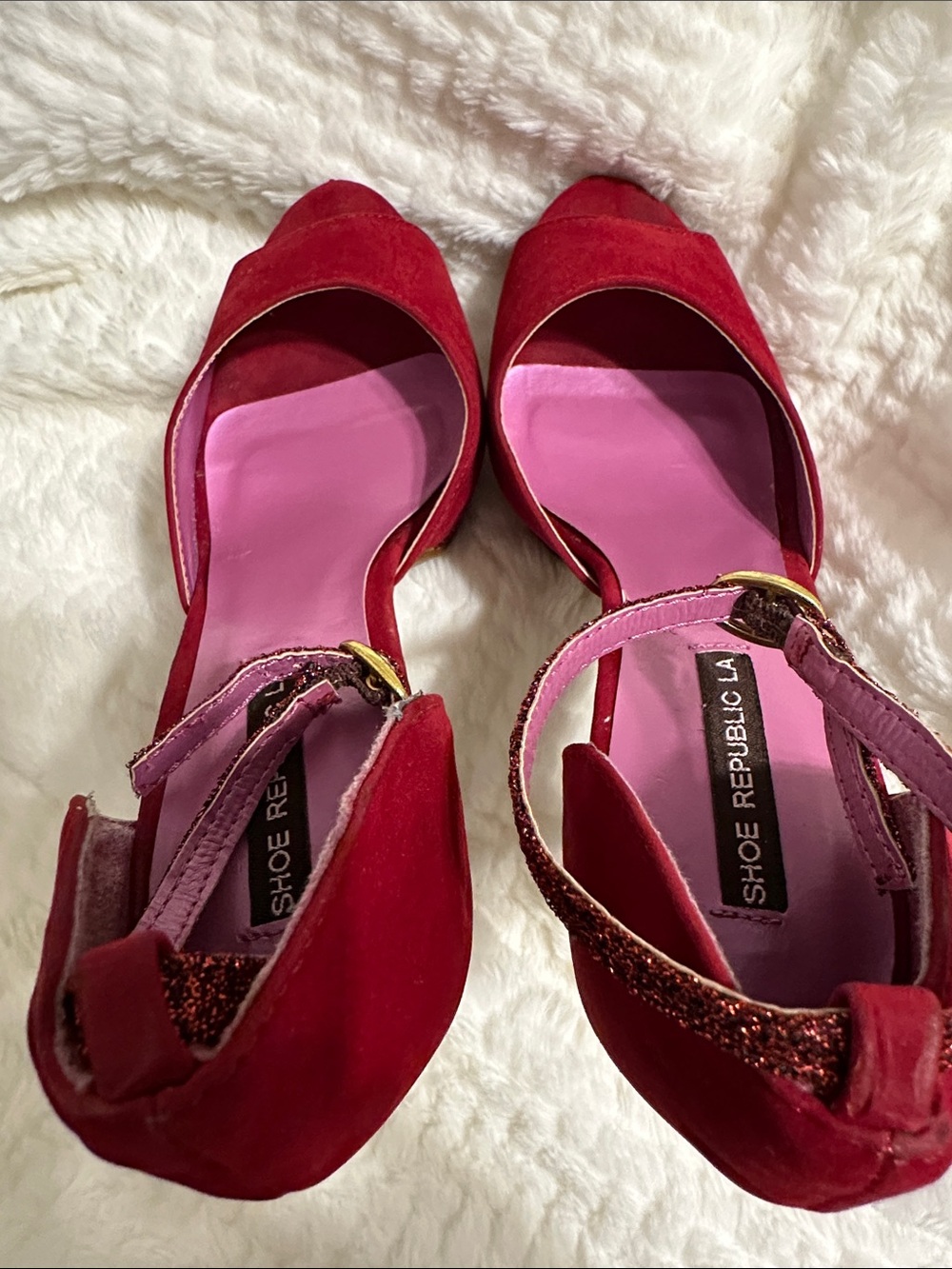 Shoe Republic LA Red Suede Open-Toe Ankle-Strap High Heels with Pink Insole